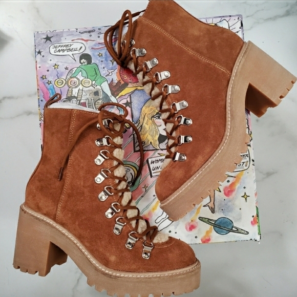 Jeffrey Campbell Oh What Boots Tan Sz 10 Brown Honey Lace Up Heel Ankle - Picture 1 of 3